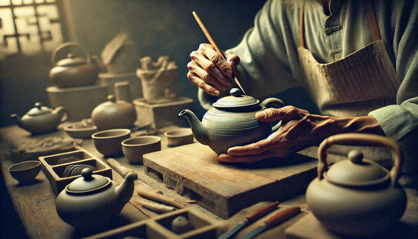 Artigiano che crea teiere in ceramica nella sua bottega